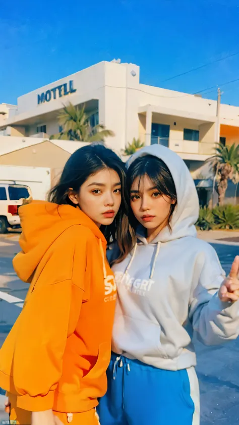 8k, 2 girls, beautiful, messy hair, (orange is too big hoodie), is too big_shirt, sweatpants ,, close-up, watch viewers, (((80's architecture colorful motel))) ,Palm Tree, blue sky, Sunny Summer, Like (photorealistic:1.2), (super real:1.3), (very well...