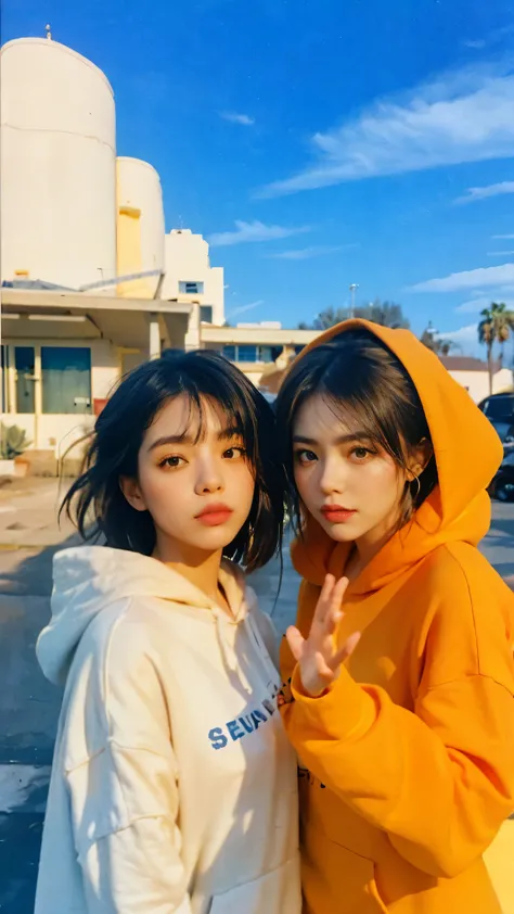8k, 2 girls, beautiful, messy hair, (orange is too big hoodie), is too big_shirt, sweatpants ,, close-up, watch viewers, (((80's architecture colorful motel))) ,Palm Tree, blue sky, Sunny Summer, Like (photorealistic:1.2), (super real:1.3), (very well...