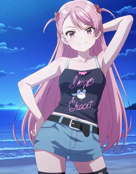 maho-casual,pink eyes,pink hair,long hair, two side up, black camisole,denim shorts,black belt,black thighhighs, anime screencap, high quality, solo, night sky, beach, (contrapposto), closed mouth, (hand behind head, hand on hip), cowboy shot, looking at v...