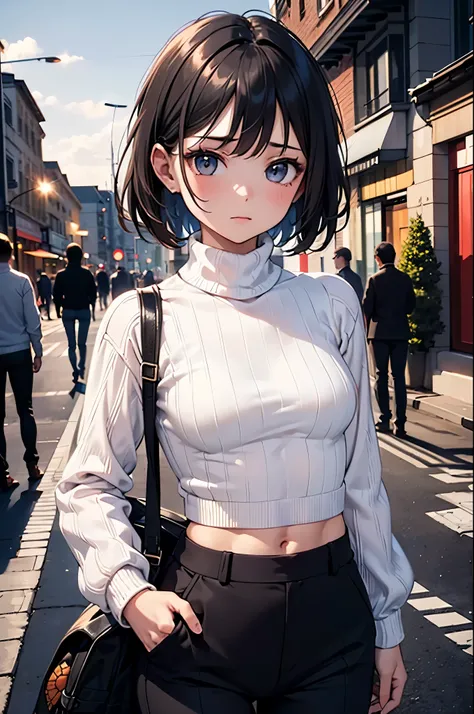 masterpiece, best quality, very detailed body, ultra detailed, very detailed face, (soft lighting), (((1girl))), (((white sweater, turtle neck))), ((black long pants)), (black very short hair), (bad mood expression:0.8), ((small breasts)), (bare navel:0.8)...