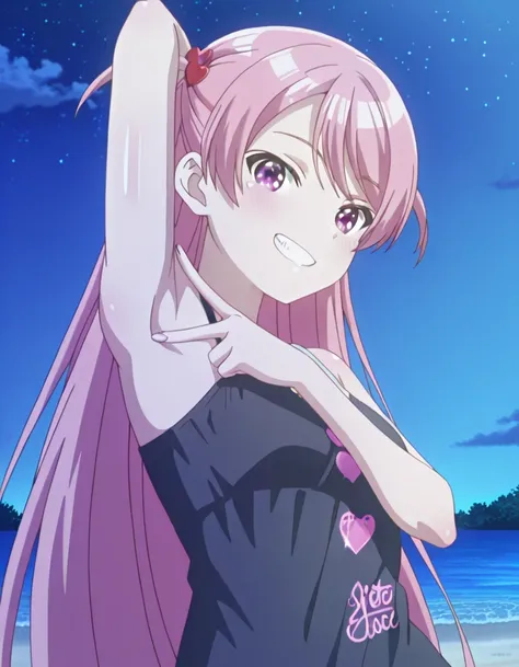 maho-casual, pink eyes, pink hair, long hair, two side up, black camisole, anime screencap, shiny skin, high quality, solo, upper body, (contrapposto), v, spread armpit, presenting armpit, hand behind head, closed mouth, night sky, beach, looking at viewer...