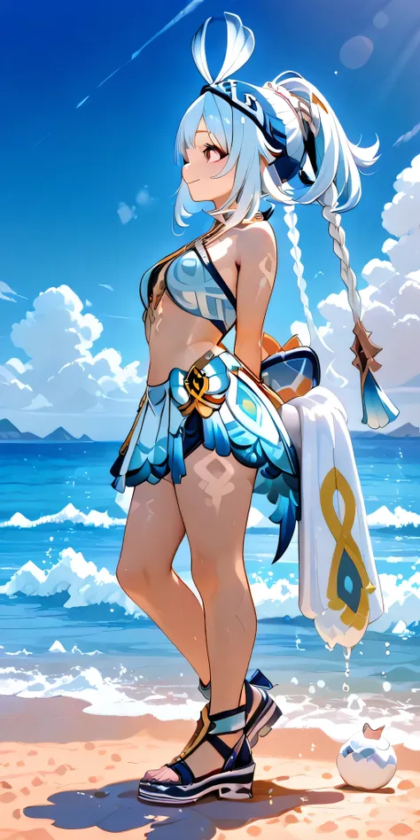 masterpiece, Detailed, defined, Mualani of genshin impact, full body, on the beach, Facing the sea, stop, stop Facing the sea, que se vea su full body,  slightly in profile, full body, realistic skin, shiny leather foam towel, by day, rostro defined, rostr...