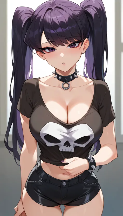 score_9, score_8_up, score_7_up, score_6_up, score_5_up, score_4_up, rating_explicit,
Goth girl, Komi Shouko, choker, goth clothes, purple eyes, makeup, skull print, black T-shirt, spiked bracelets, dark leather shorts, cut shorts, purple hair, hige breast...