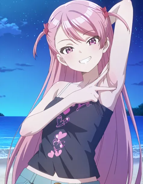 maho-casual, pink eyes, pink hair, long hair, two side up, black camisole, anime screencap, high quality, solo, upper body, (contrapposto), v, spread armpit, presenting armpit, hand behind head, closed mouth, night sky, beach, looking at viewer, grin, best...