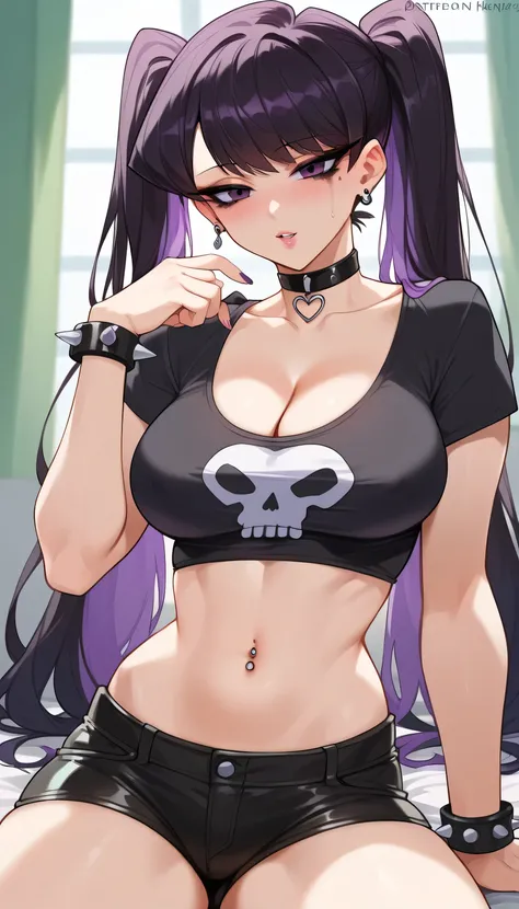 score_9, score_8_up, score_7_up, score_6_up, score_5_up, score_4_up, rating_explicit, Goth girl, Komi Shouko, choker, goth clothes, purple eyes, makeup, skull print, black T-shirt, spiked bracelets, dark leather shorts, cut shorts, purple hair, hige breast...