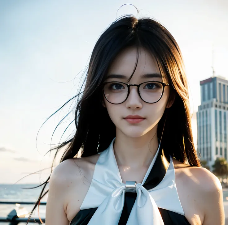 8K quality, pictures, Two beautiful men and beautiful women, Beautiful like a goddess, in the city where the backlight of the intense sunset is dazzling, From the neck up, Red thin string ribbon tie on the collar, (Fine silver glasses), (Brilliant, beautif...