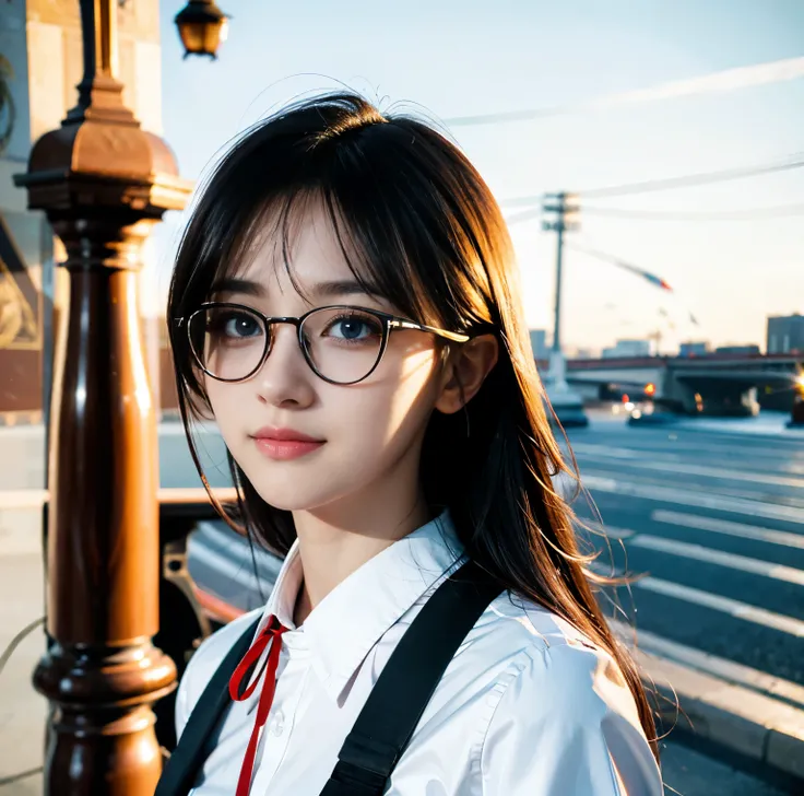 8K quality, pictures, Two beautiful men and beautiful women, Beautiful like a goddess, in the city where the backlight of the intense sunset is dazzling, From the neck up, Red thin string ribbon tie on the collar, (Fine silver glasses), (Brilliant, beautif...