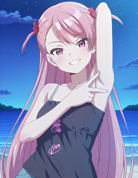 maho-casual, pink eyes, pink hair, long hair, two side up, black camisole, anime screencap, high quality, solo, upper body, (contrapposto), v, spread armpit, presenting armpit, hand behind head, closed mouth, night sky, beach, looking at viewer, grin, best...