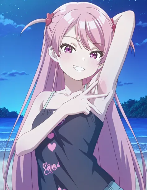 maho-casual, pink eyes, pink hair, long hair, two side up, black camisole, anime screencap, high quality, solo, upper body, (contrapposto), v, spread armpit, presenting armpit, hand behind head, closed mouth, night sky, beach, looking at viewer, grin, best...
