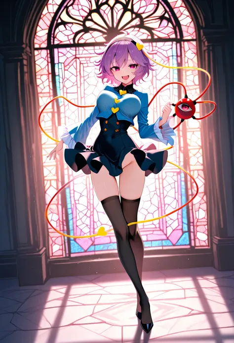 (score_9), komeiji_satori, longlegs_v0.22_pony, solo, (1 skinny girl standing), (petite small girl), BREAK, (cropped coat:1.2), (black short dress:1.2), (thigh gap), (groin:1.2), black thighhighs, stiletto heels, BREAK, looking at viewer, {smile:0.2}, {ope...