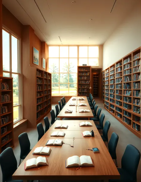 A high-resolution, ultra-realistic photograph of a modern college library interior. The scene showcases a spacious, open-plan design with large floor-to-ceiling windows allowing natural daylight to flood the space. The architectural style is contemporary, ...