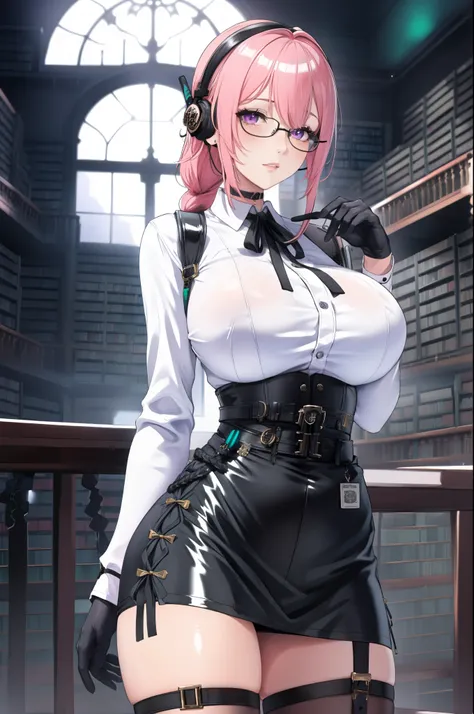 bright clothes, a girl, (Yanagi Tsukishiro ), Alone, Standing, front view,  looking at the viewer , long braided hair pink, beautiful eyes ,  detailed eyes , purple eyes shirt, huge breasts, sensual lips, ((samurai armor shoulder pad)) , ((earpiece for the...
