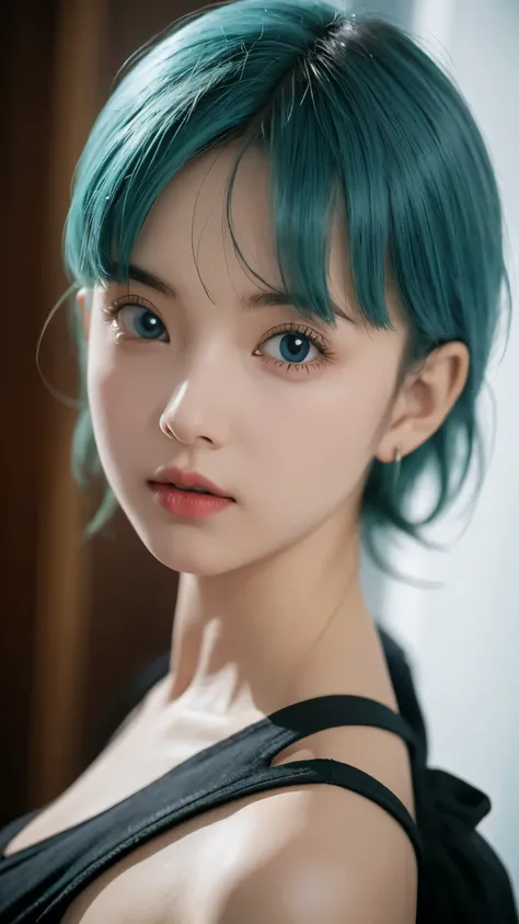 "Create an ultra-realistic portrait of Bulma from Dragon Ball as if she were a real human. She has striking blue hair styled in a modern, slightly wavy bob cut, vivid blue eyes, and a confident, intelligent expression. Her outfit is a stylish, futuristic c...