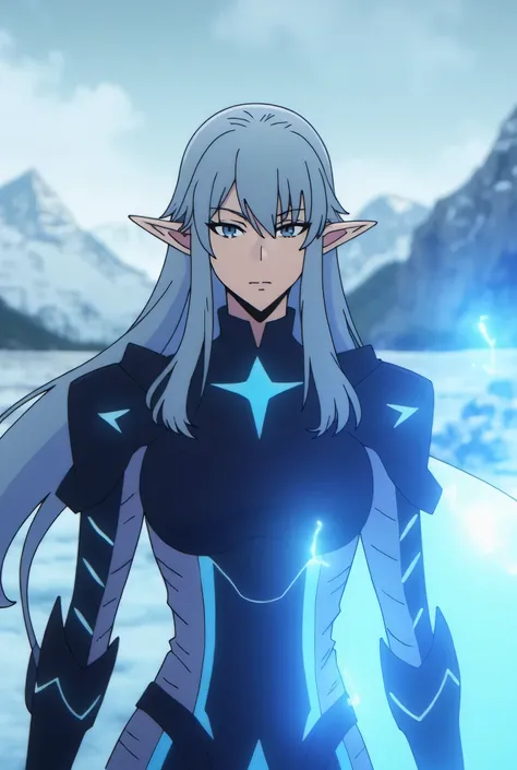 A beautiful elf girl, wearing a black and blue and white battle suit, upper body view,power surging from her body, in the snowy weather, and using ice powers _solo leveling anime style_
