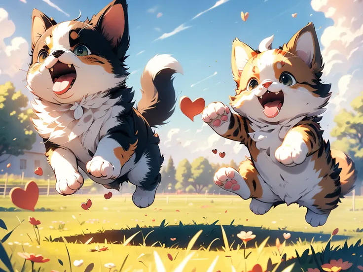 Humorous scene depicting a cute cat and an adorable dog playing together, in the yard, jumping and rolling in the grass, friendly playing, realistic stylized, bursts of energy, cute hearts everywhere, an explosion of love, 
