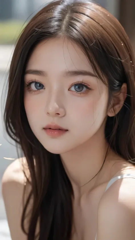 (Needle lamp, 后窗的Light线是背Light的, 背Light照明, Light), sharp focus:1. 4, (Ultra-detailed, detailed meticulous), 面部close up, close up, 1 girl, Egg-shaped face but cat-like eyes, small, plump lips, Straight and cute nose, The cheekbones are slightly reddened, Ey...