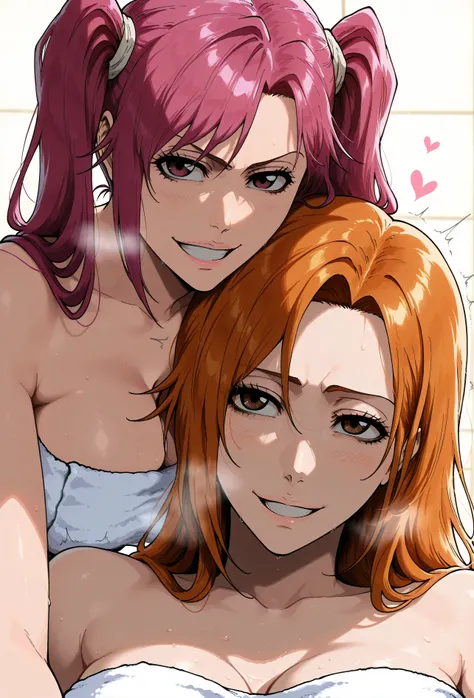 masterpiece, best quality, amazing quality, 2girl, (orihime, bleach, long orange hair brown eyes ), (Riruka, bleach , magenta eyes  , red hair), long hair, white towel, very happy smile, close up shot, simple background, medium size  , golden ratio face, l...
