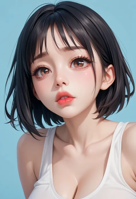 1girl, (perfect face), detailed pupils, feminine, ((large breasts)), white round tank top, looking at viewer, black hair, short hair, black eyebrows, thin eyebrows, brown eyes, big eyes, cry eyes, sad face, black eyeliners, thick lips, red lips, open lips,...