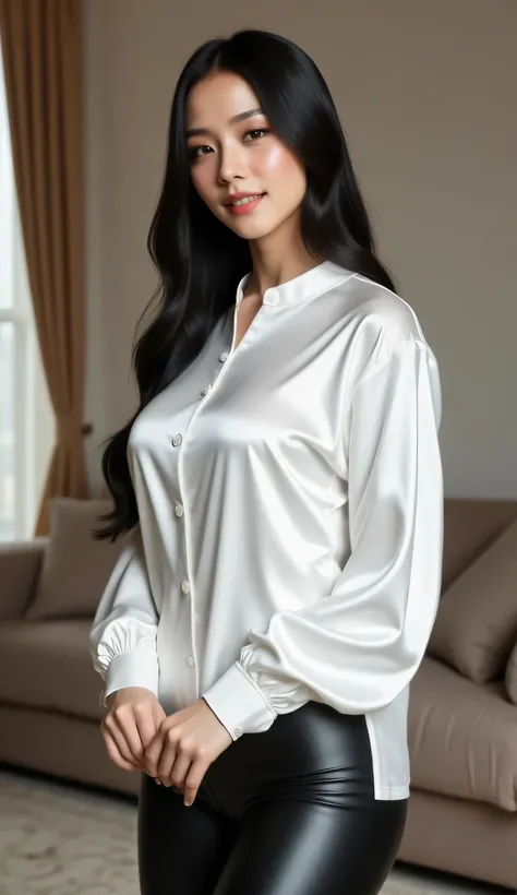 a woman, standing in the living room, shirt looks full body, body facing front, color using long sleeve muslim shirt white satin material, black leggings trousers, big size G-cup, thick hair of black color, seductive smiley face,