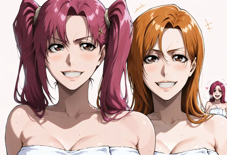 masterpiece, best quality, amazing quality, 2girl, (orihime, bleach, long orange hair brown eyes ), (Riruka, bleach , magenta eyes , red hair), long hair, white towel, very happy smile, close up shot, simple background, medium size , golden ratio face, l...