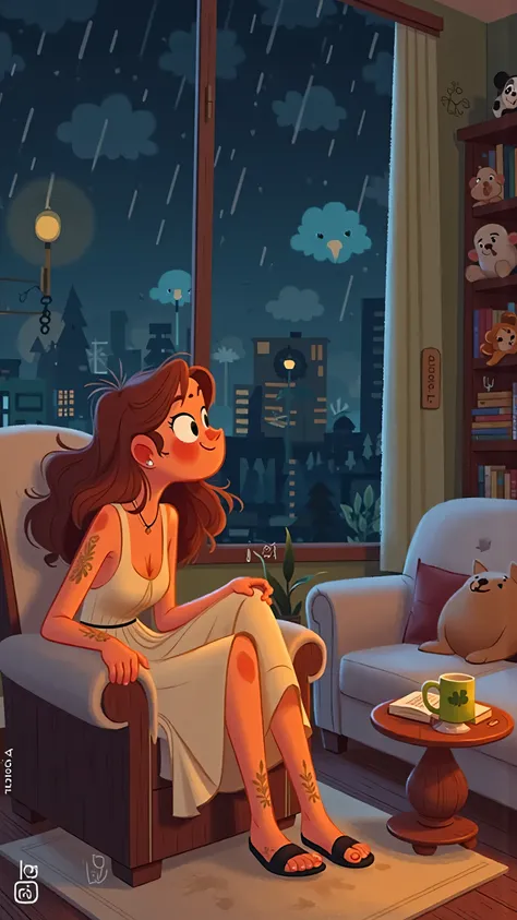 Anime style cozy rainy night living room scene。A stylish and elegant young woman(with long brown wavy hair that is naturally flowing,Brown eyes, yellow skin),Wear a sexy suspender white dress for summer,wearing black flip flops,Sitting on a recliner; Quie...