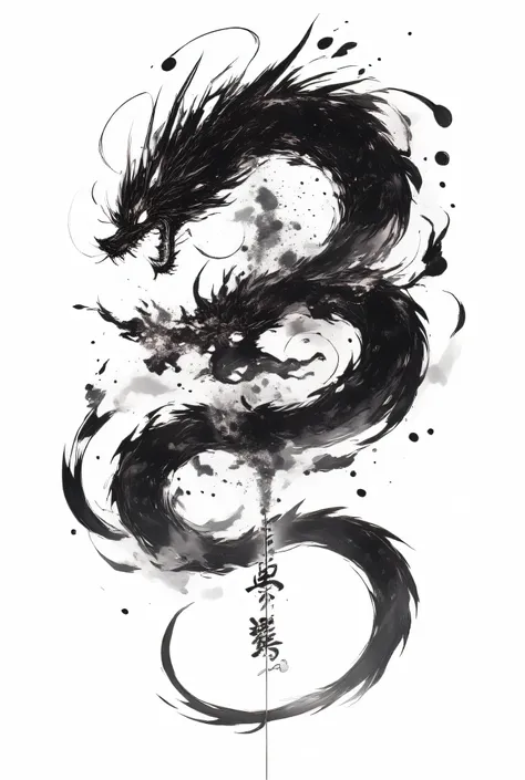 obra-prima, kneeling, retina, black and white art,  Noriyoshi Oorai style , (dragon, rugindo),  dynamic angles , dynamic brushstrokes, dragon chinês silhueta, oriental