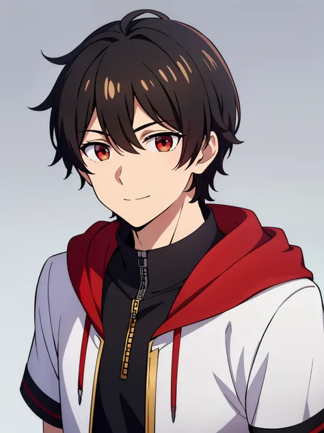 (high-quality, breathtaking),(expressive eyes, perfect face) portrait, 1boy, male, solo, young , black hair, red eye color, short hair length, soft wavy hair, cute smile, loose hair, side bangs, looking at viewer, portrait, medium full shot, happy expressi...