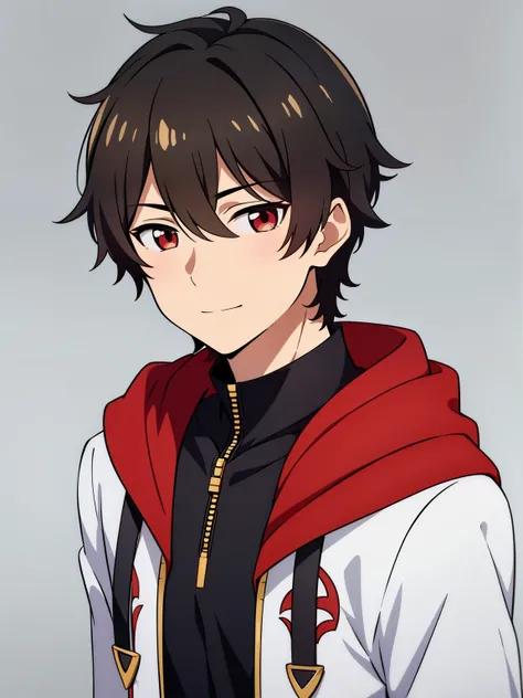 (high-quality, breathtaking),(expressive eyes, perfect face) portrait, 1boy, male, solo, young , black hair, red eye color, short hair length, soft wavy hair, cute smile, loose hair, side bangs, looking at viewer, portrait, medium full shot, happy expressi...