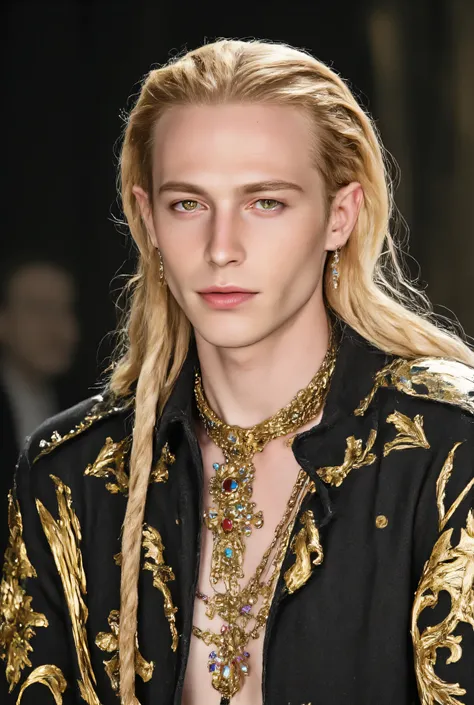 slicked back hairの絶世美男子は笑うエルフ((long swept back hair blonde))is a man with smooth white skin, a very thin chin, and clean thin cheeks(( Very very large green eyes))Elf male who is very thin and skinny((White-skinned 25-year-old man with smooth chin1People l...