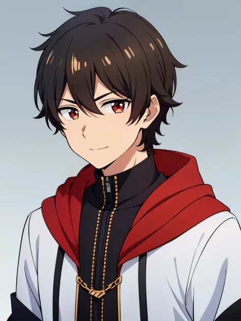 (high-quality, breathtaking),(expressive eyes, perfect face) portrait, 1boy, male, solo, young , black hair, red eye color, short hair length, soft wavy hair, cute smile, loose hair, side bangs, looking at viewer, portrait, medium full shot, happy expressi...