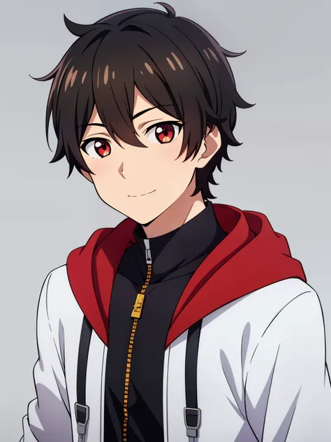 (high-quality, breathtaking),(expressive eyes, perfect face) portrait, 1boy, male, solo, young , black hair, red eye color, short hair length, soft wavy hair, cute smile, loose hair, side bangs, looking at viewer, portrait, medium full shot, happy expressi...
