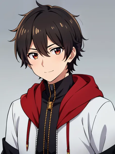 (high-quality, breathtaking),(expressive eyes, perfect face) portrait, 1boy, male, solo, young , black hair, red eye color, short hair length, soft wavy hair, cute smile, loose hair, side bangs, looking at viewer, portrait, medium full shot, happy expressi...