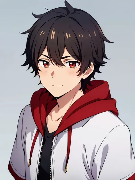 (high-quality, breathtaking),(expressive eyes, perfect face) portrait, 1boy, male, solo, young , black hair, red eye color, short hair length, soft wavy hair, cute smile, loose hair, side bangs, looking at viewer, facing viewer, portrait, medium full shot,...