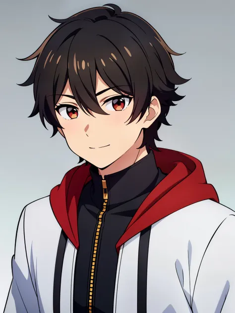 (high-quality, breathtaking),(expressive eyes, perfect face) portrait, 1boy, male, solo, young , black hair, red eye color, short hair length, soft wavy hair, cute smile, loose hair, side bangs, looking at viewer, portrait, medium full shot, happy expressi...