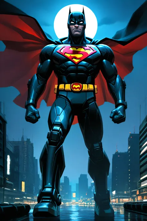 High Quality LEGO Art Edition Superman and Batman,Night scene,Superhero Sculptures, city background ,Moonlight, shadows intertwined ,realistic details,4k HD,Professional Rendering,realistic oil painting texture,Gothic style,Dark Tones,Dark Colors,dramatic ...