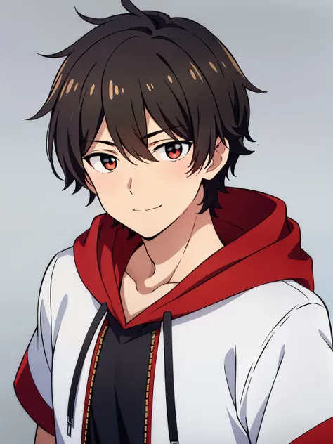 (high-quality, breathtaking),(expressive eyes, perfect face) portrait, 1boy, male, solo, young , black hair, red eye color, short hair length, soft wavy hair, cute smile, loose hair, side bangs, looking at viewer, portrait, medium full shot, happy expressi...