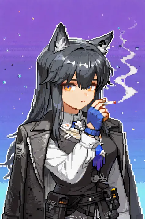 1girl, animal ear fluff, animal ears, black coat, black hair, black jacket, black vest, blue gloves, blue necktie, breasts, cigarette, closed mouth, coat on shoulders, collared shirt, ear piercing, fingerless gloves, gloves, hair between eyes, hand up, hol...