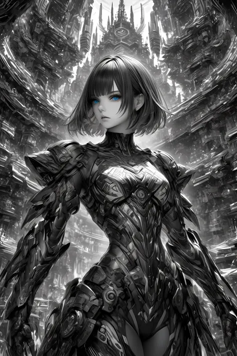 solo,cool persuit style woman\(very complex armor,2 tone color,cool complexity huge weapon,sharp dark blue eyes,short hair,black hair, arms, standing, Dignified posture,look viewer\),background is monochrome Geometric patterns,(ultra-Details,intricate art...
