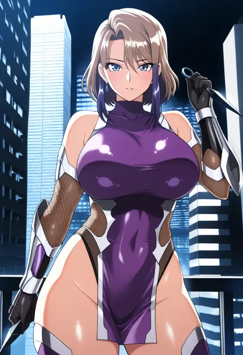 (masterpiece, best quality:1.2), cowboy shot, solo, 1 woman, ninja, female, beautiful, sexy, tsubaki miyajima, long purple hair, 40 y.o, MILF, long light brown hair, sleek outfit, taimanin inspired outfit, darkness, wielding kunai, standing on top of a sky...
