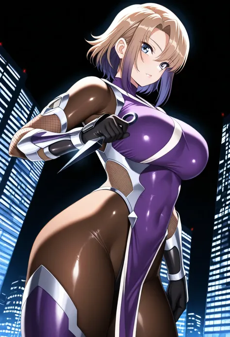 (masterpiece, best quality:1.2), cowboy shot, solo, 1 woman, ninja, female, beautiful, sexy, tsubaki miyajima, long purple hair, 40 y.o, MILF, long light brown hair, sleek outfit, taimanin inspired outfit, darkness, wielding kunai, standing on top of a sky...