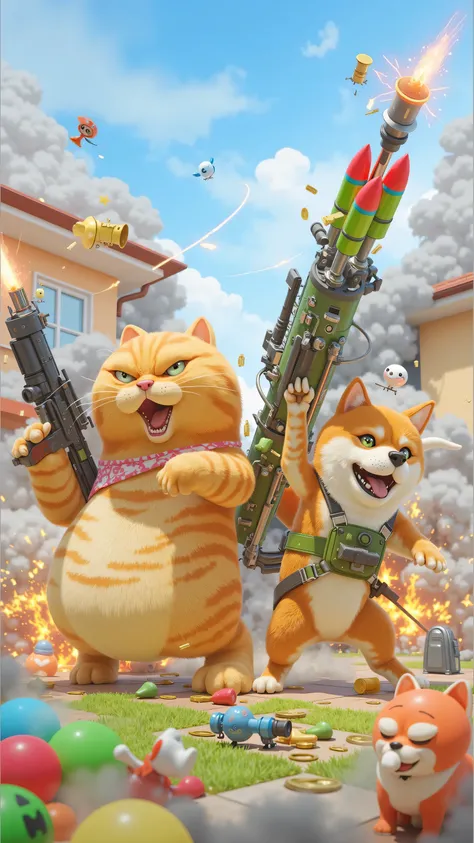 ((猫と犬))、Craft a laugh-out-loud 'Cat and Dog Battle' illustration in a bold, cartoonish style. On the left, place a hefty tabby cat with orange fur and a smug expression, its chunky body barely squeezed into a tactical vest, recklessly blasting a machine gu...