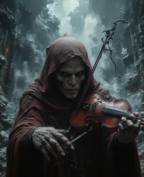 Dark, brooding figure playing a violin. Adult male, unknown ethnicity, appears gaunt and weathered. Deep crimson hooded robe, tattered and stained with dark grime and soot, hinting at decay and struggle. Hands are heavily textured, coated in grime, pla...