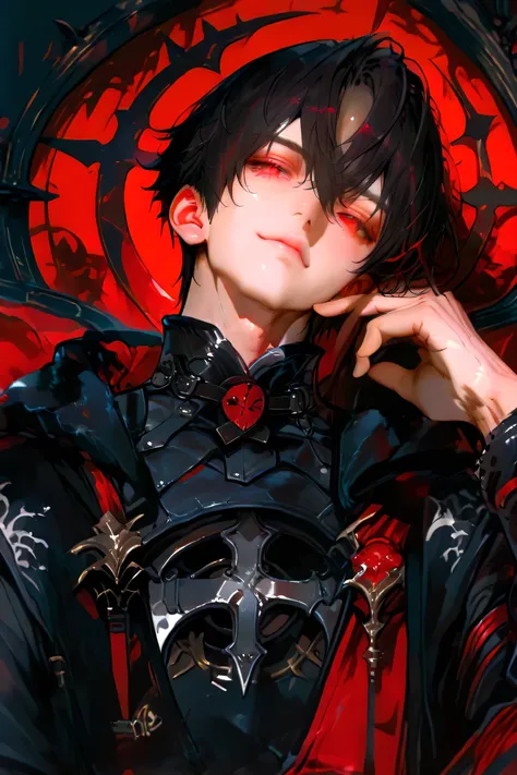 masterpiece, best quality, (Detailed Eyes: 1.2), boy, male, handsome, fantasy, red eye, shortcut black hair, semi realistic, black medieval suit with crimson color accessories, looking at viewer, emotionless face, solo character, resting him chin on the ri...