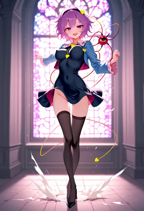 (score_9), komeiji_satori, longlegs_v0.22_pony, solo, (1 skinny girl standing), (petite small girl), BREAK, (cropped coat:1.2), (black short dress:1.2), (thigh gap:1.2), (groin:1.2), black thighhighs, stiletto heels, BREAK, looking at viewer, {smile:0.2}, ...