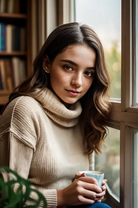 hyper realistic portrait of a poetic young woman, 23 years old, sitting by an old wooden window in a soft vintage room, long dark chestnut brown wavy hair with deeper shadows, holding a ceramic cup of tea in her hands, warm natural light softly illuminatin...