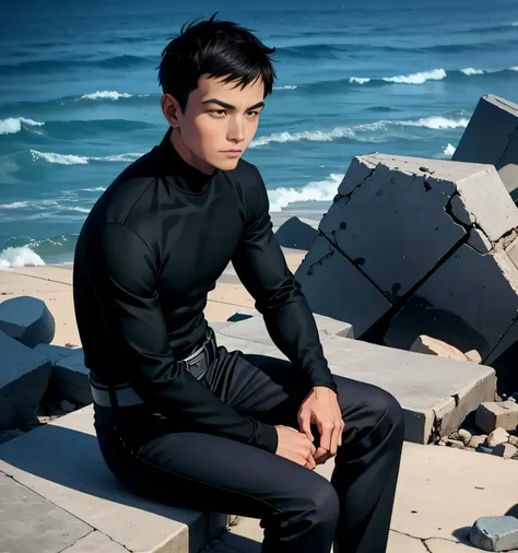 Age 30,one man,、succulent、black turtleneck shirt、black slim pants looking into the ocean、Shocker Belt、Combatant、Rubble Street。Sit with your legs wide open on the rubble。logic,Gay , Hair、very short hair。