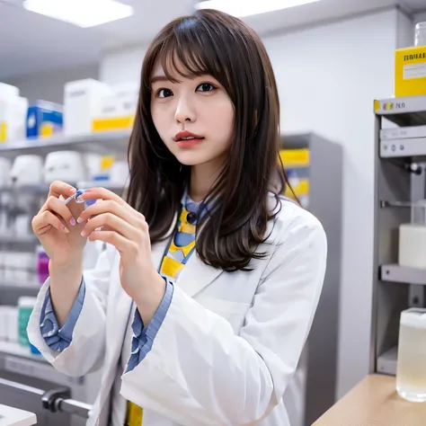 Depict a 20-year-old, stunningly beautiful woman conducting an experiment in a well-equipped science lab. She wears a pristine white lab coat over professional attire, her expression focused as she carefully handles scientific instruments. Whether her hair...