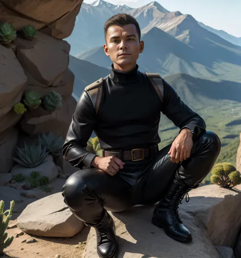 40 years old,one man,、succulent、black turtleneck shirt、black leather slim pants、Shocker Belt、Combatant、Mountain trail。Sit on a rock with your legs wide open。logic,Gay , Hair、very short hair。 front succulentの大柄の男 Hairの Hair arabic face military boots upp...