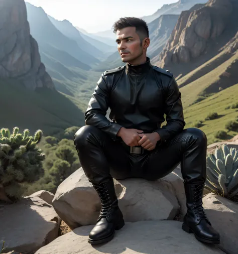 40 years old,one man,、succulent、black turtleneck shirt、black leather slim pants、Shocker Belt、Combatant、Mountain trail。Sit on a rock with your legs wide open。logic,Gay , Hair、very short hair。 front succulentの大柄の男 Hairの Hair arabic face military boots upp...