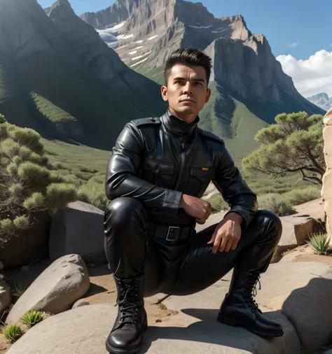 40 years old,one man,、succulent、black turtleneck shirt、black leather slim pants、Shocker Belt、Combatant、Mountain trail。Sit on a rock with your legs wide open。logic,Gay , Hair、very short hair。 front succulentの大柄の男 Hairの Hair Iraqi Faces military boots uppe...